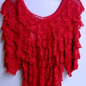 BOSTON PROPER Salsa CROCHET Ruffle Top RED…
